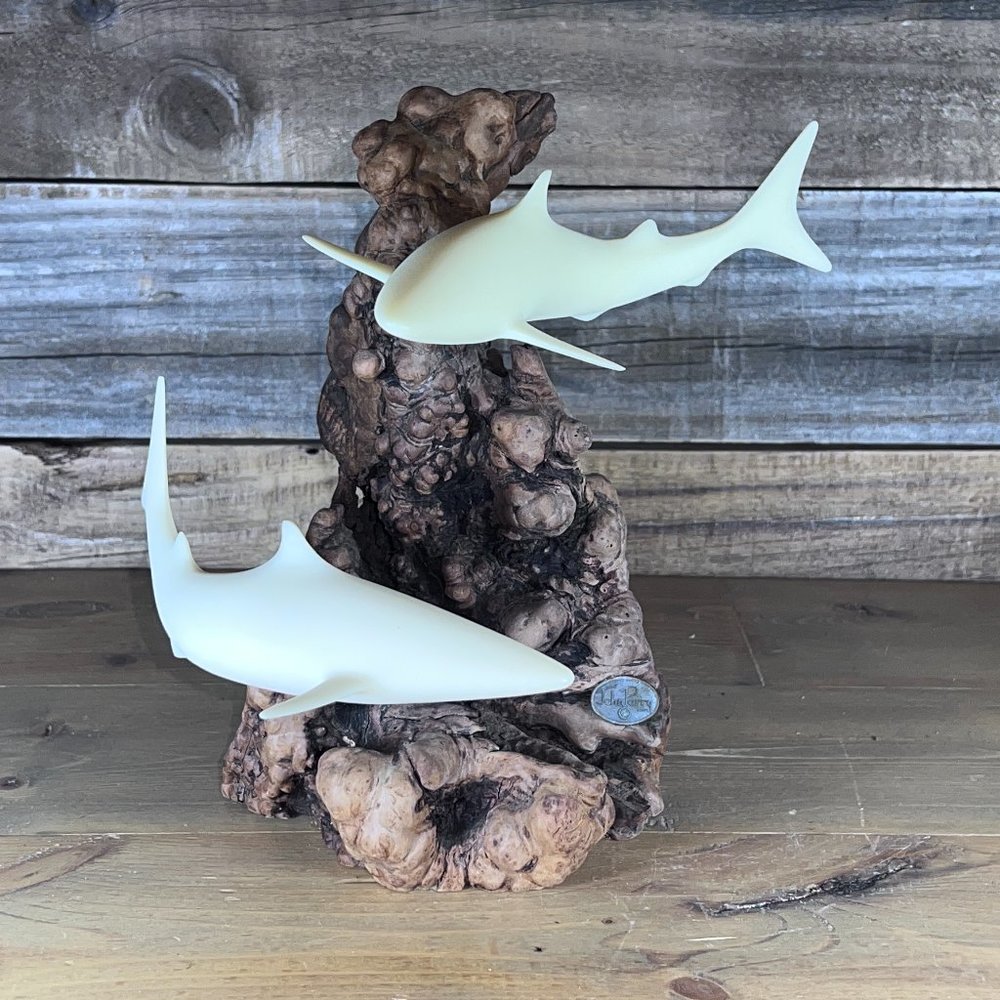 Vintage John Perry Shark Duo Sculpture Burl Wood Nautical Beach Decor